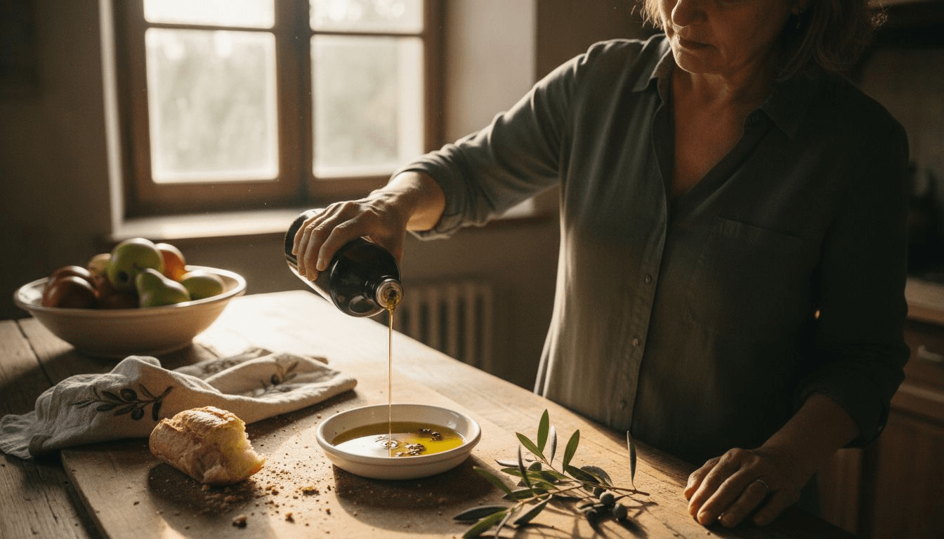 Mulher despejando azeite em cozinha rústica