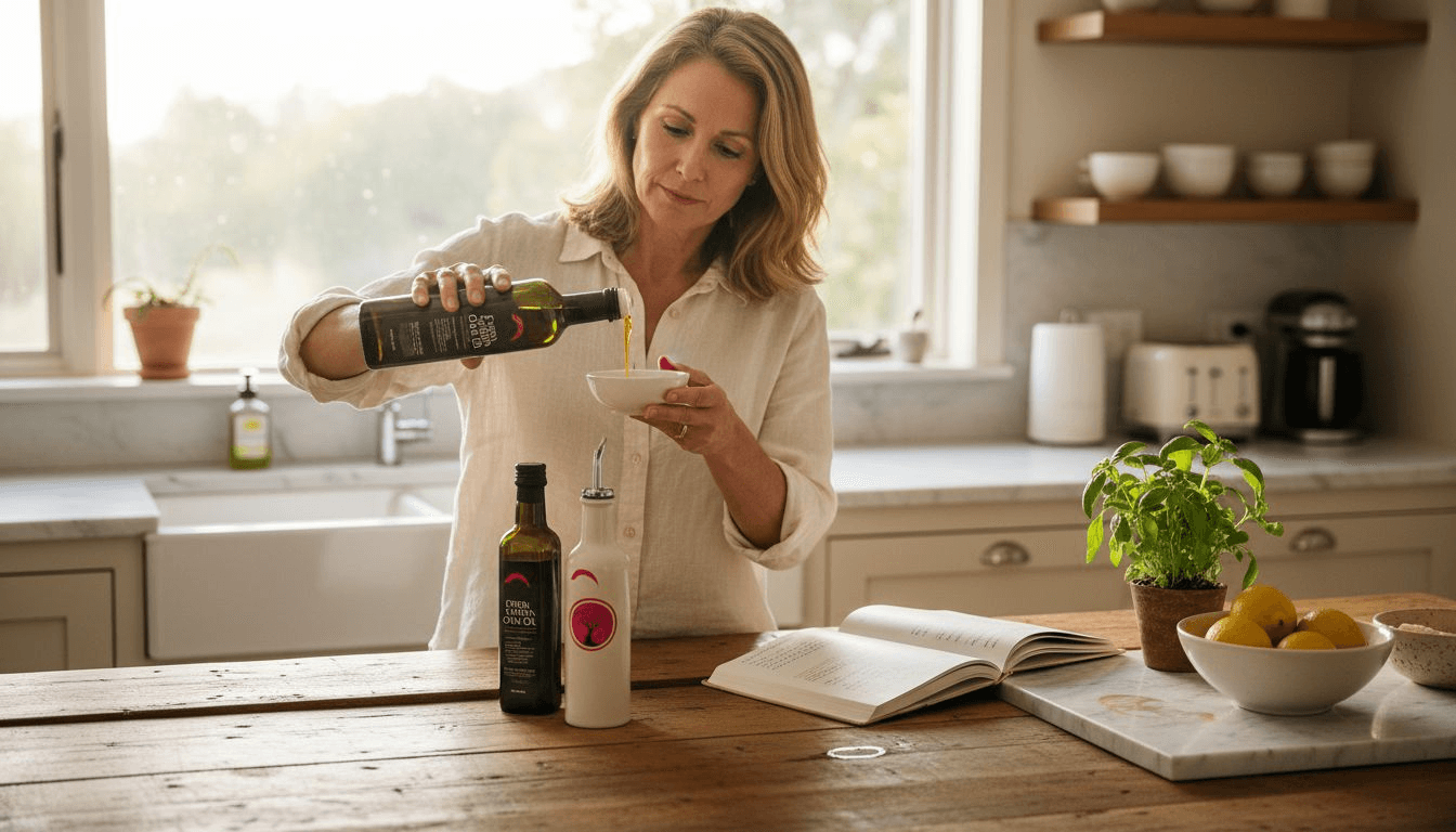 Mujer sirviendo aceite de oliva para degustación en una cocina soleada