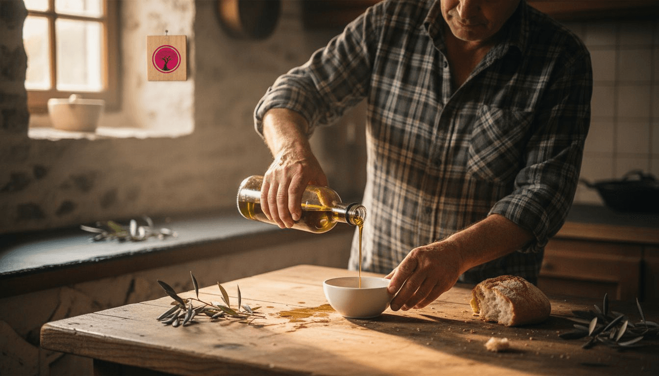 Boer die olijfolie in een rustieke keuken giet