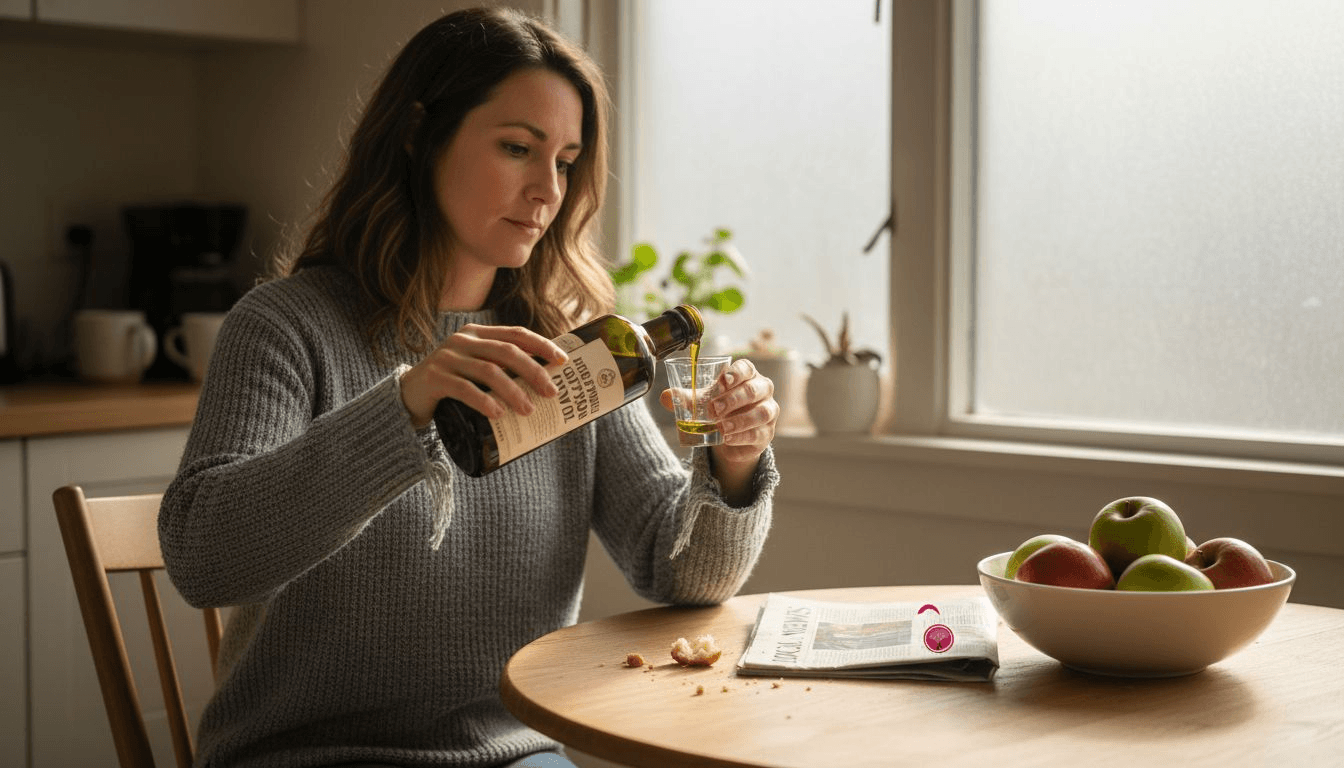 Vrouw die de dagelijkse dosis olijfolie afmeet