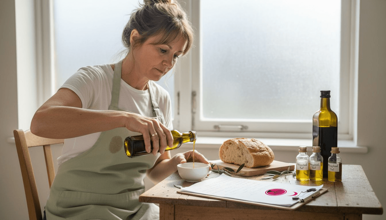 Nutritionist pouring olive oil for tasting