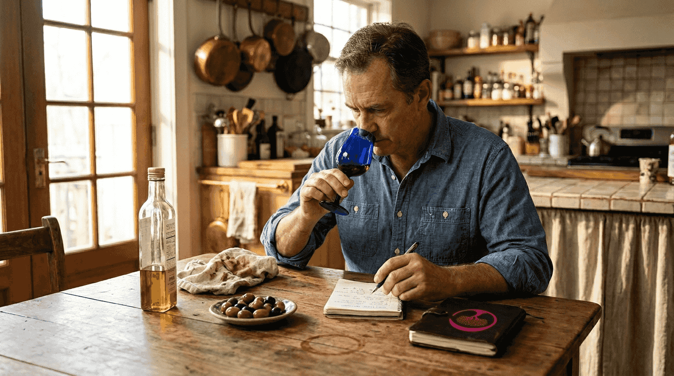Degustazione dell'olio d'oliva da parte del sommelier e annotazione dei risultati