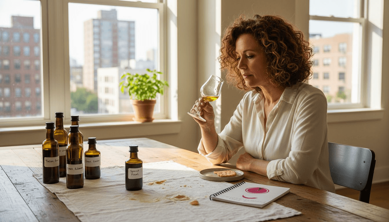 Vrouw proeft professioneel olijfolie aan tafel.