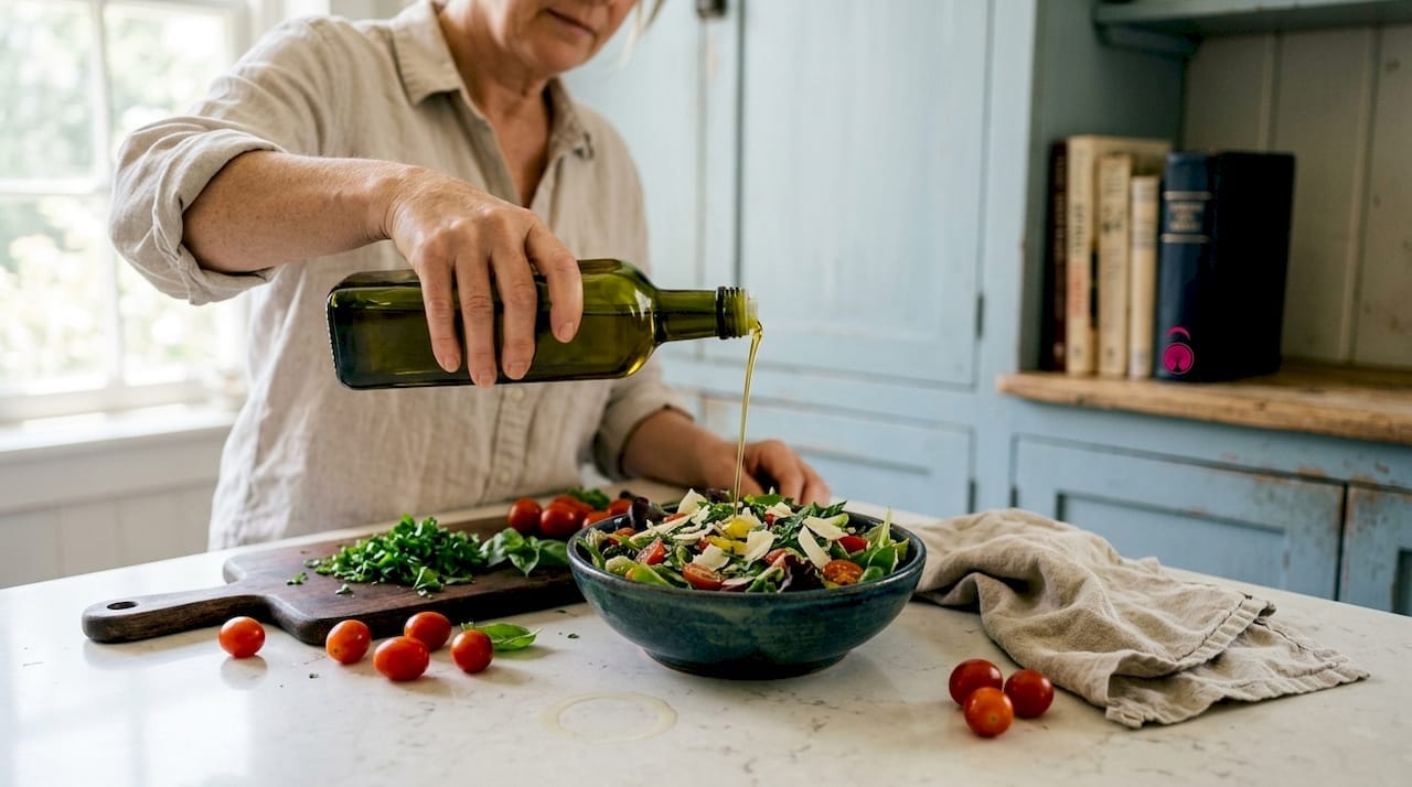 Vrouw giet olijfolie over salade in de keuken
