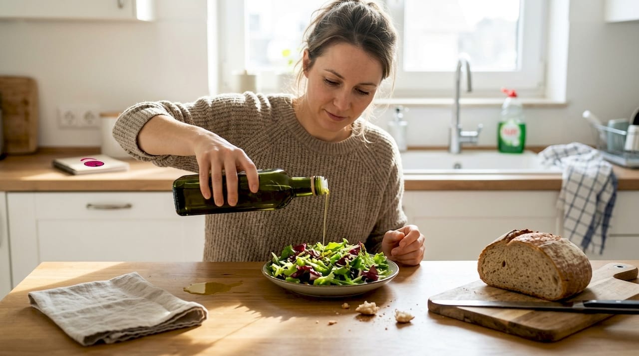 Vrouw giet olijfolie over salade aan de keukentafel.