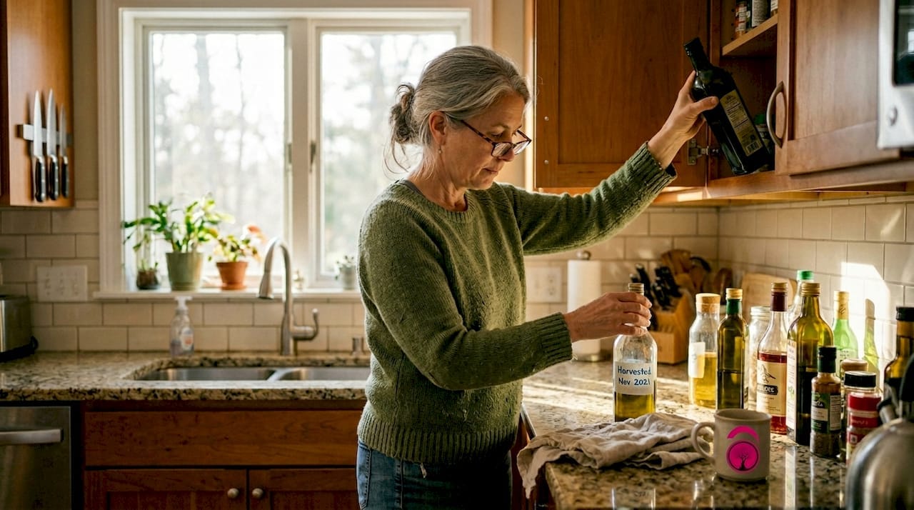 Vrouw bewaart olijfolie in een keukenkastje.