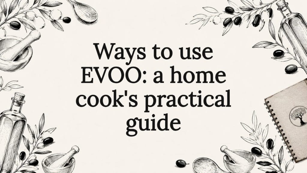 Decoratieve botanische illustratie van olijfolie rondom de tekst.